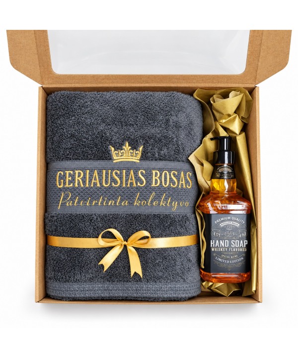 Dovanų rinkinys bosui – personalizuotas rankšluostis ir 500 ml rankų muilass