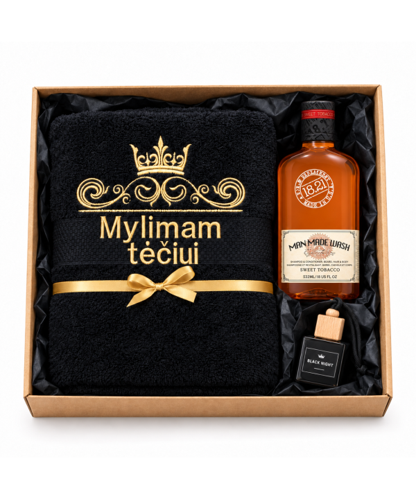 Daugiafunkcinė priemonė vyrams 3in1 + siuvinėtas rankšluostis 100x50cm + kabinamas oro kvapas