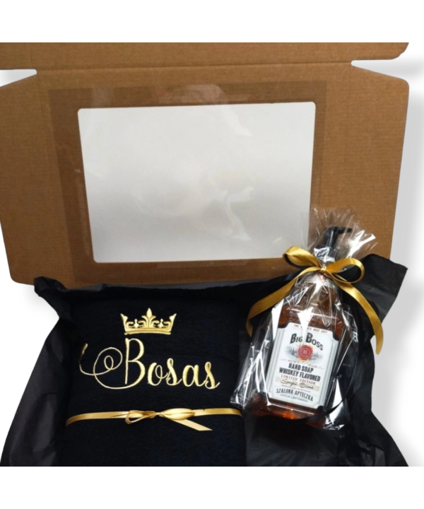 Dovanų dėžutė: pasirinktos spalvos siuvinėtas rankšluostis  + rankų muilas su dozatoriumi Whiskey flawored