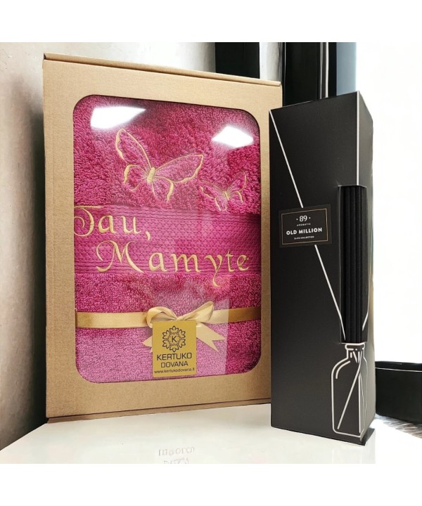 Dovanų dėžutė: pasirinktos spalvos rankšluostis ir namų kvapas su lazdelėmis Aromatic89 